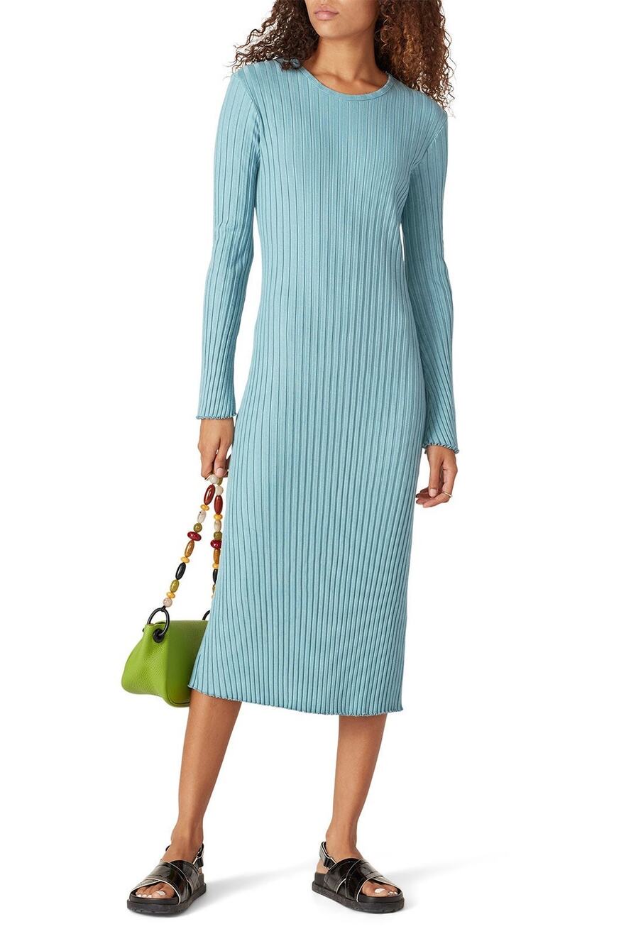 Simon Miller Wells Blue Ribbed Knit Long Sleeve Crewneck Midi Dress Size XL